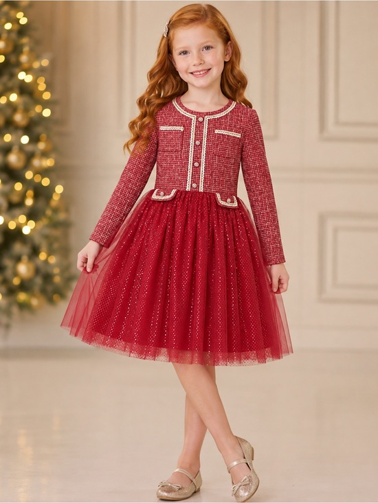 Other - Girls Red Tweed & Tulle Sparkle Party Dress